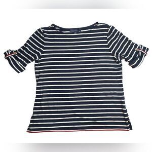 Tommy Hilfiger Striped 3/4 Sleeve Button Roll Tab Sleeve Top Med
